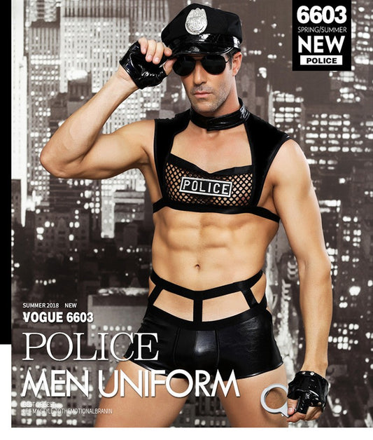 Sexy lingerie male police role suit European and American new passion lace sexy leather pants temptation uniform