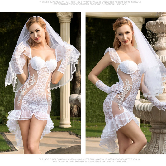 Sexy transparent lace bridal dress uniform temptation white wedding suit women