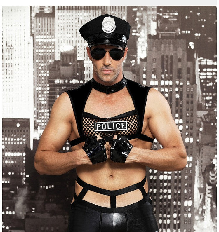 Sexy lingerie male police role suit European and American new passion lace sexy leather pants temptation uniform