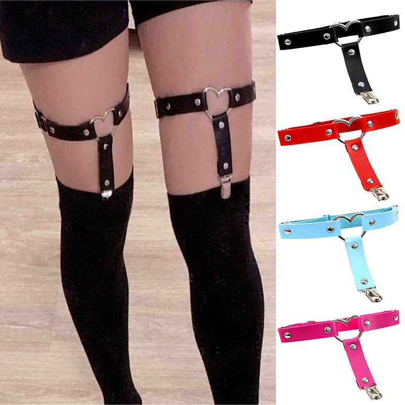 Women Punk Heart Sexy PU Leather Garter Belt Harajuku Elasticity Body Harness Tight Suspender Strap Leg Harness Bondage Belts