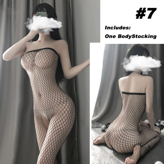 OJBK Sexy Lingerie 16 Types Teddies Bodysuit Erotic Outfit Open Crotch Stretch Mesh Body Stockings Porn Underwear Costume 0514