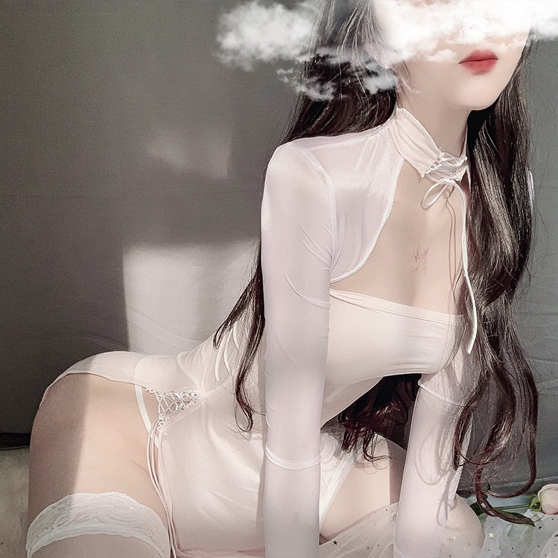 Bandage Nightclub Uniform Girls Sexy Lingerie Long Sleeve Pajamas Demon Retro Side Split Open Front Cheongsam Dress